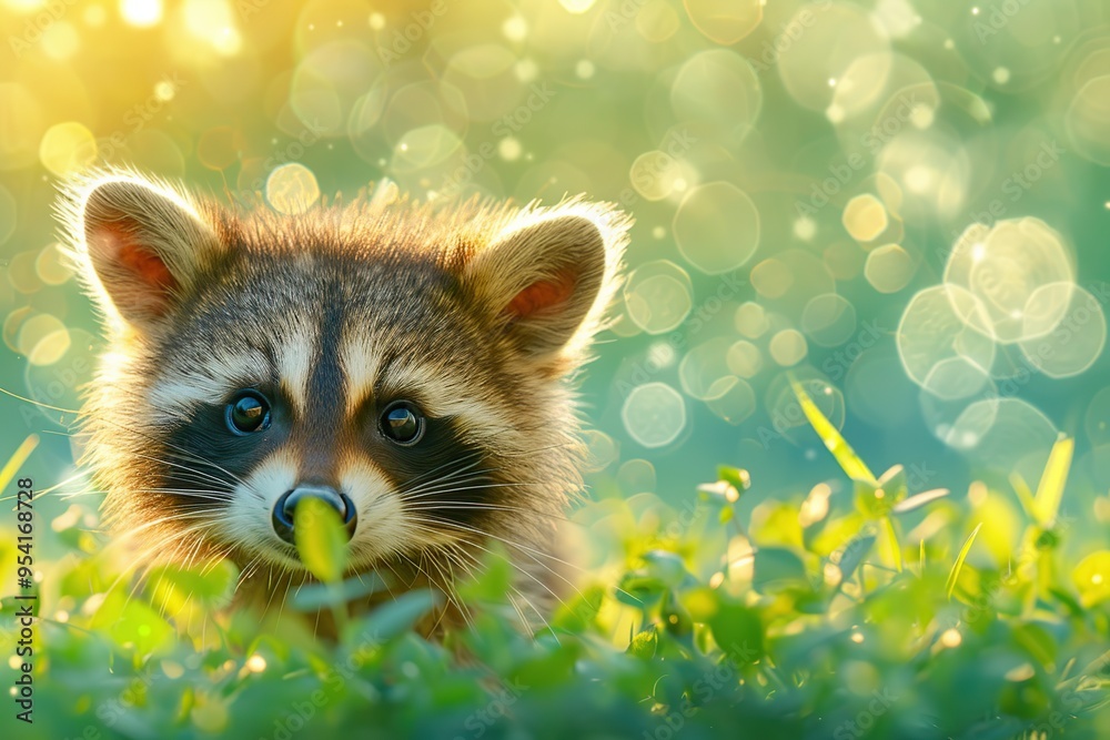 Poster Cute Raccoon in a Garden