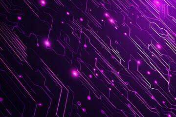 Obraz premium Abstract representation of a circuit board with glowing neon lines and geometric patterns against a dark background. The image evokes a high-tech, futuristic feel with ample copy space 
