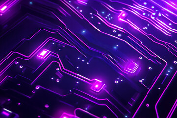 Abstract representation of a circuit board with glowing neon lines and geometric patterns against a dark background. The image evokes a high-tech, futuristic feel with ample copy space	
