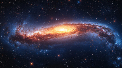 Fototapeta premium The image depicts a breathtaking spiral galaxy, glowing with intense light at its core, surrounded by swirling arms of stars and cosmic dust. The center shines with a bright, warm orange hue, while th