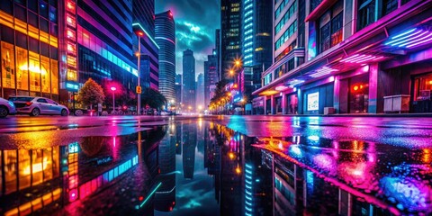 vibrant colorful neon transparent road night cityscape reflection puddle warm glowing futuristic urban landscape moody dramatic atmosphere