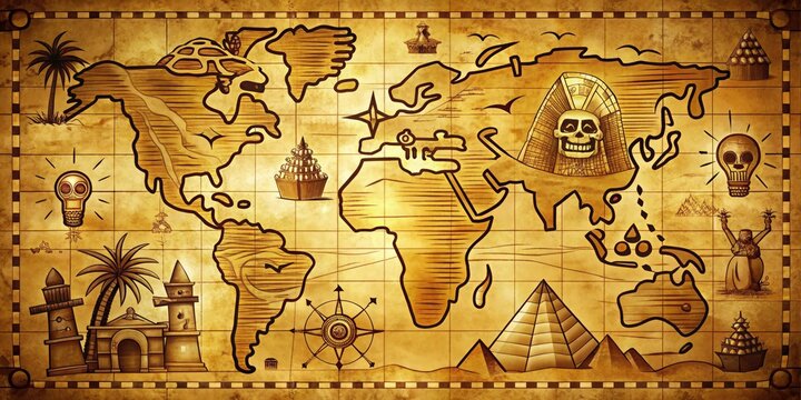 Mummy tomb treasure map silhouette ancient parchment mysterious cryptic symbols golden tone adventurous bold striking puzzle solve hidden riches ancient civilizations