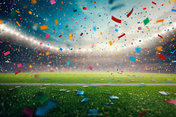 Football stadium background with flying confetti
