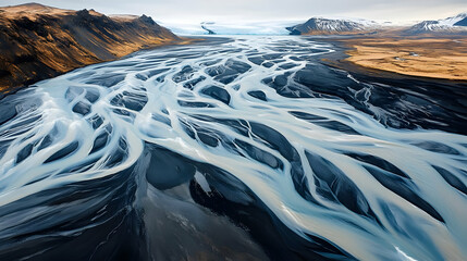 An aerial view of a braided river in a glacial valley, showing the intricate patterns of water flow.