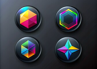 modern minimalist badge designs on sleek black blanks with precise geometric shapes and bold bright colors conveying futuristic simplicity