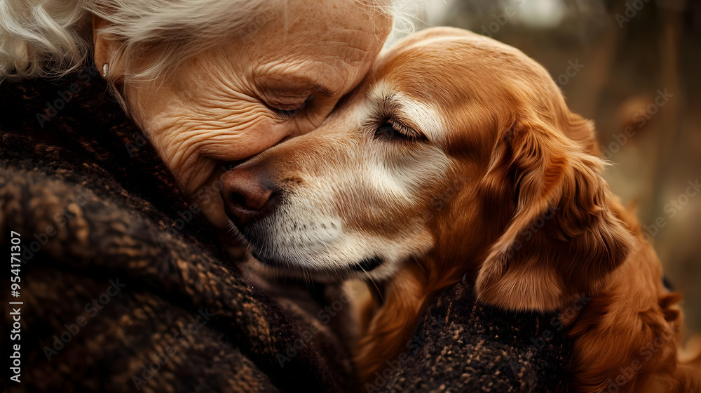 Poster An elderly woman embraces her golden retriever dog, their eyes closed in a moment of deep affection.