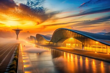 Obraz premium golden dawn light spills across futuristic airport architecture amidst morning fog