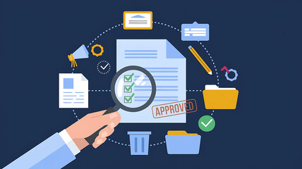 Hand holding magnifying glass over approved document with checklist, surrounded by office icons. Concept of quality control, inspection, and approval. 
