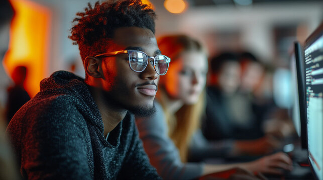 A man with glasses is looking at a computer screen