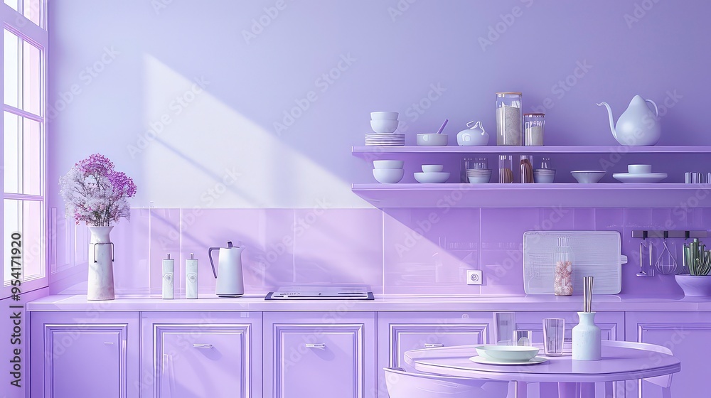 Wall mural Modern purple kitchen interior design with sunlight, window, cabinet, and white appliances.