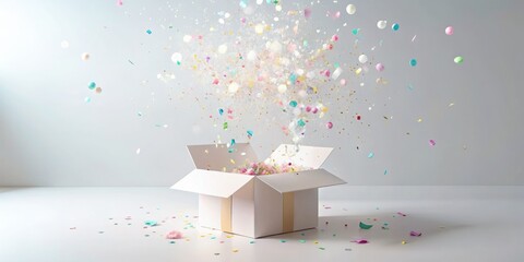minimalist white studio setup unboxing vector shape confetti explosion colorful playful carefree joyful bright pastel hues soft focus creamy textures