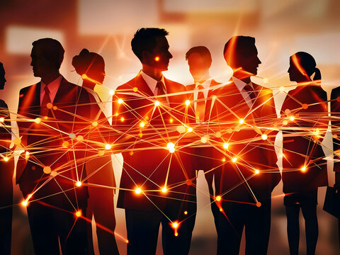 Siluetas de gente de negocios con sus contornos fusion&aacute;ndose en la intrincada red de conexiones c&aacute;lidas
