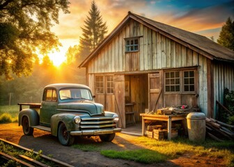 Obraz premium Rustic rural garage morning dew oil-splattered Overalls worn wooden workbench vintage pickup truck patina faded paint nostalgic Americana golden hour soft focus warmth