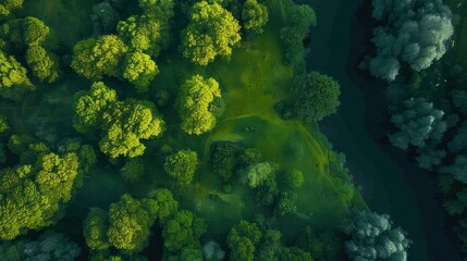Fototapeta premium Aerial View of Lush Greenery and a Winding River