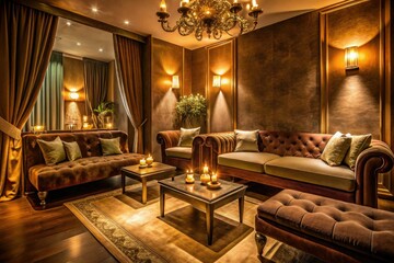 intimate beauty clinic atmosphere dimly lit luxurious fabrics plush velvet sofas warm candlelight soft focus highlights creating cozy and inviting ambiance