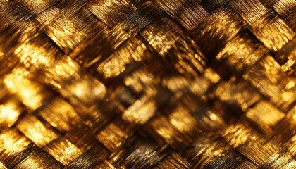 Close-up of a golden woven texture with intricate patterns and shimmering highlights, creating a luxurious and sophisticated feel.
