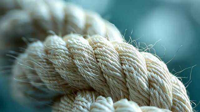 Close-up of a textured rope with blue bokeh background. Nautical strength and durability concept
