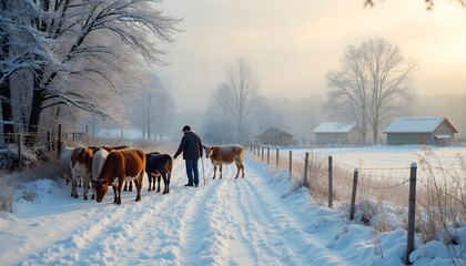 Guiding Cattle on Frosty Winter Morning