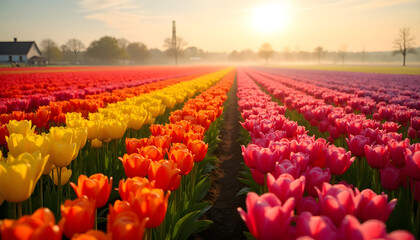 Colorful Rows of Tulips in Bloom at Sunrise