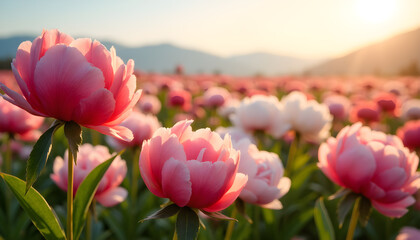 Peony Field at Sunset with Mountain Backdrop