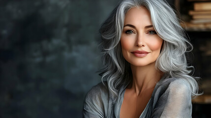 Beautiful mature woman with gray hair looking at the camera.