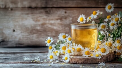 Obraz premium A cup of chamomile tea on a wooden table on a background of greenery, creating an atmosphere of peace