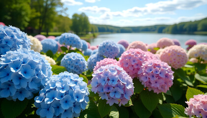 Hydrangea Garden Overlooking Serene Lake