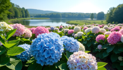 Hydrangea Field Overlooking Tranquil Lake