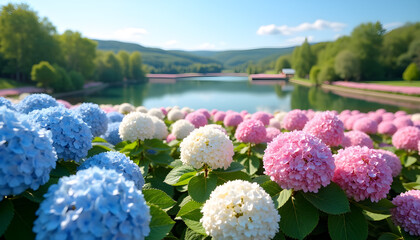 Blooming Hydrangea Garden by Calm Lake