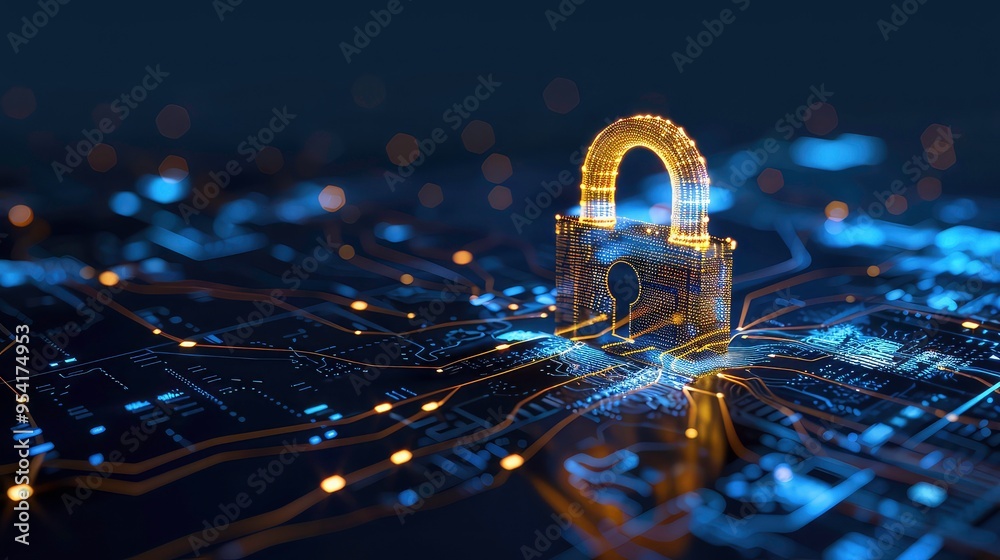Poster a glowing digital padlock stands on a network of lines and dots, representing digital security.