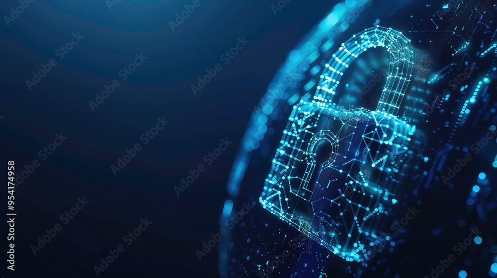 Poster a glowing digital padlock stands on a network of lines and dots, representing digital security.