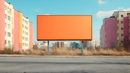 Blank billboard on a city street with buildings in the background.