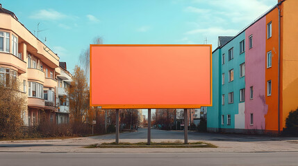 Obraz premium Blank billboard on a city street with colorful buildings.