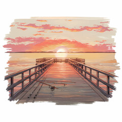 A peaceful sunrise over a fishing pier, Acrylic illustration, contour, isolated in white background