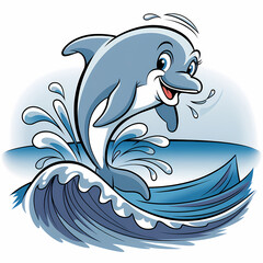 A playful dolphin leaping through the waves, Cartoon illustration, black outline around the image, contour, isolated in white background