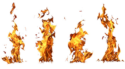 Realistic burning fire flames set, transparent background, png