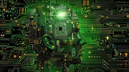 A green circuit board with a human profile outlined in the design. The human profile is partially illuminated with glowing yellow dots.