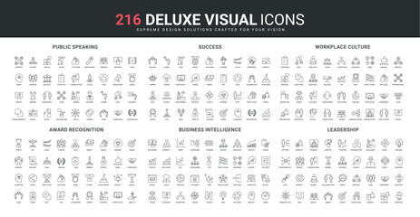 Business intelligence, workplace and corporate culture, success award and prize line icon set. Public speaker at podium, conference, vision of leader thin black outline symbols vector illustration