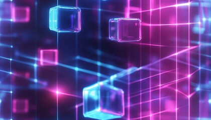 Futuristic digital cubes in neon colors, representing blockchain technology. Abstract, vibrant, and modern design suitable for tech-related content.