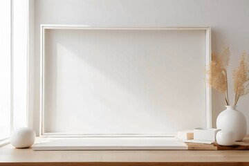 Mock up frame on wooden table with white background, empty and clean, stock photo. Generated AI