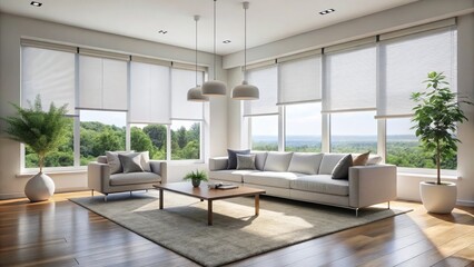 Fototapeta premium Modern interior with sleek, minimalist white roller blinds hanging from ceiling to floor, filtering soft natural light in a spacious, airy living room.