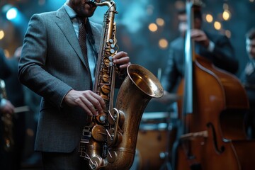Obraz premium A man playing a saxophone in front of a group of musicians
