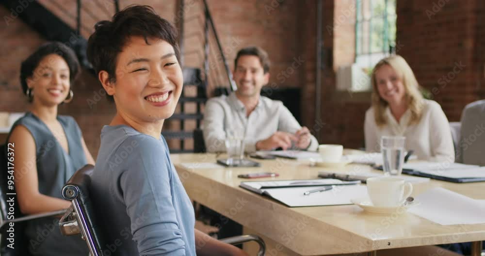 Poster Face, business people and leader by woman in business meeting for planning, vision and innovation in office. Teamwork, portrait and leadership, group and diversity, training and startup goal in Japan