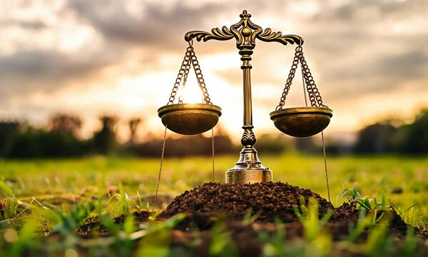 Scales of Justice in a Field at Sunset