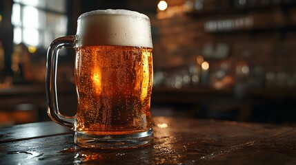 Beer pint full of fresh craft golden light beer. Octoberfest festival for beer lovers. Beer glass with classic gas alcoholic refreshment. Bavarian drink