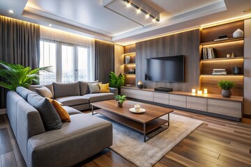 Fototapeta premium Modern living room with sleek gray sectional sofa, large wall-mounted flat-screen TV, and minimalist console table