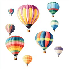 Naklejka premium A Sky Full of Dreams: A vibrant collection of colorful hot air balloons soars against a clean white background, evoking a sense of wonder, adventure, and joy. Perfect for travel, celebration, or whims