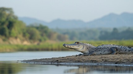 Fototapeta premium Crocodile Sunbathing by the River