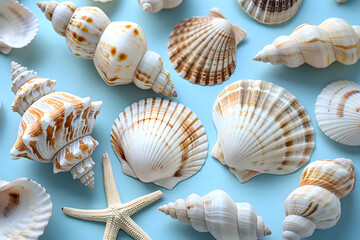 Obraz premium Beautiful Sea Shells on Light Blue Background | Coastal Decor and Nature-Inspired Aesthetic