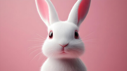 Obraz premium Close up portrait of a white rabbit with pink ears against a pink background.